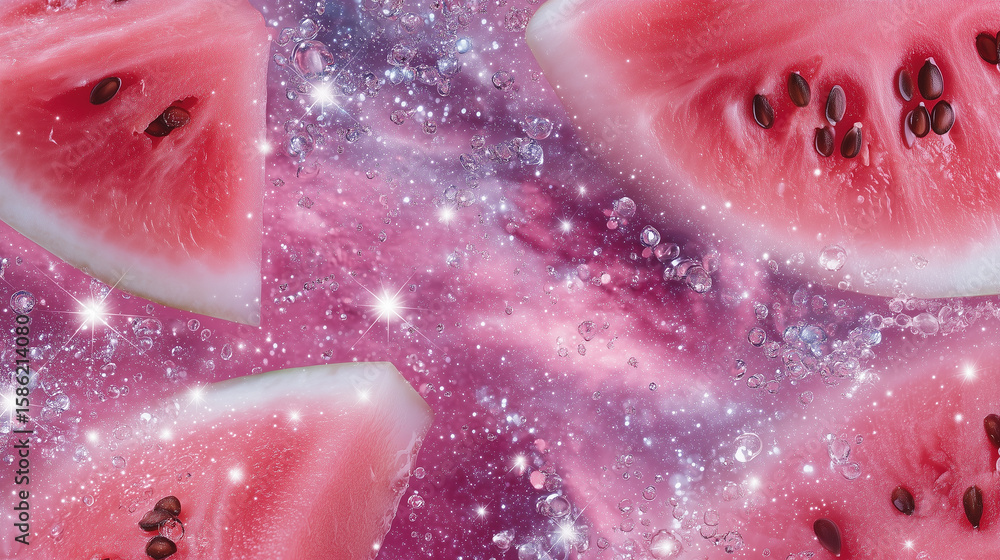 Fototapeta premium sliced watermelon and sparkling water droplets floating in zero gravity, cosmic background, surreal space-fruit concept