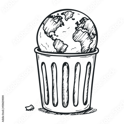 Earth in trash can sketch symbolizing environmental neglect and global waste issues. Hand drawn vector illustration