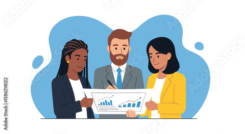 Three diverse business professionals collaboratively analyze financial data and charts, depicted in a modern flat illustration style.