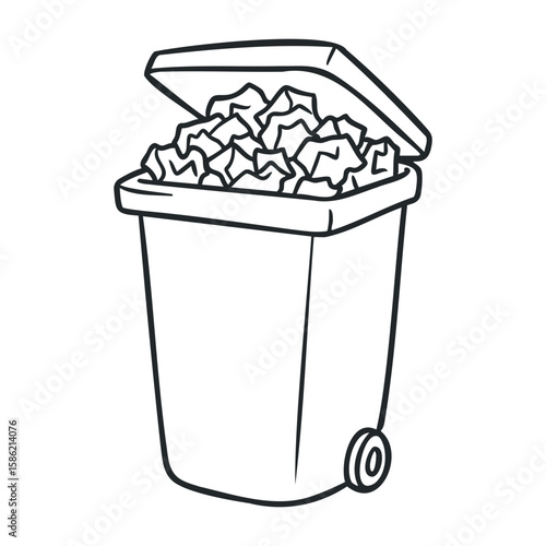 Simple line art of a trash bin filled with crumpled papers. Hand drawn vector illustration