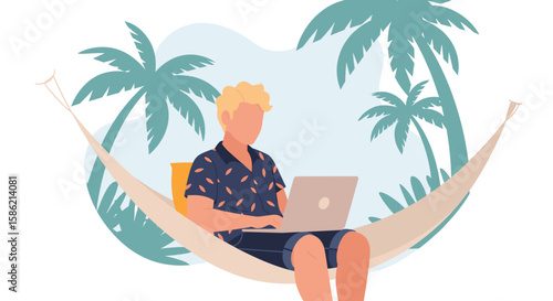 A young man embraces the digital nomad lifestyle, working remotely on his laptop from a relaxing hammock under tropical palm trees.