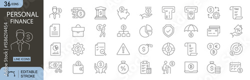 Personal Finance icons set. Includes icons for budgeting, savings, expenses, credit card, piggy bank, finance, bu, income, debt, investment, and money management. Line icons. Perfect for infographics.