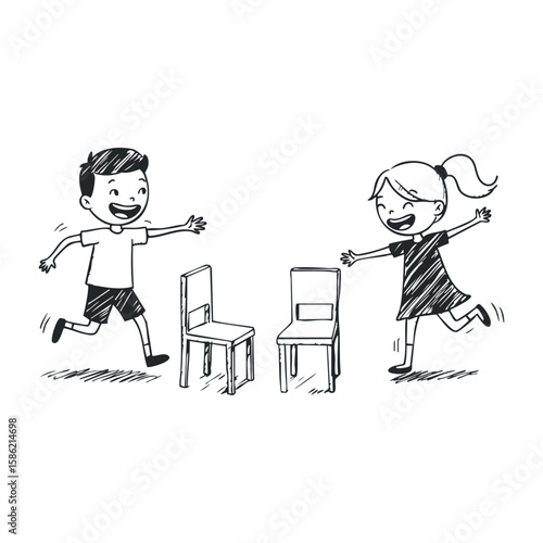 Cartoon of asian male child and caucasian female child running towards chairs. Hand drawn vector illustration