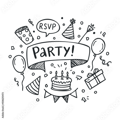 Birthday celebration elements: cake, balloons, party hats, rsvp speech bubble, doodle style. Hand drawn vector illustration