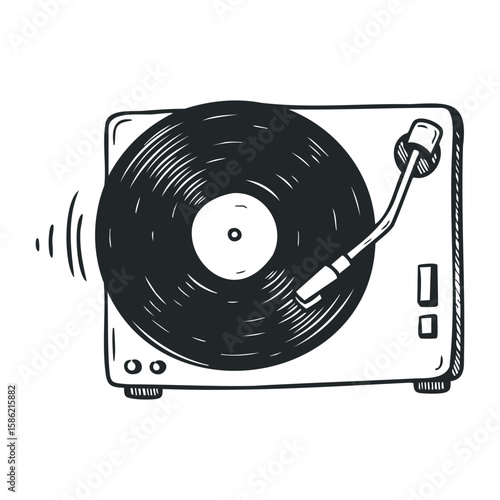 Vintage turntable with vinyl record sketch in black ink on white background. Hand drawn vector illustration