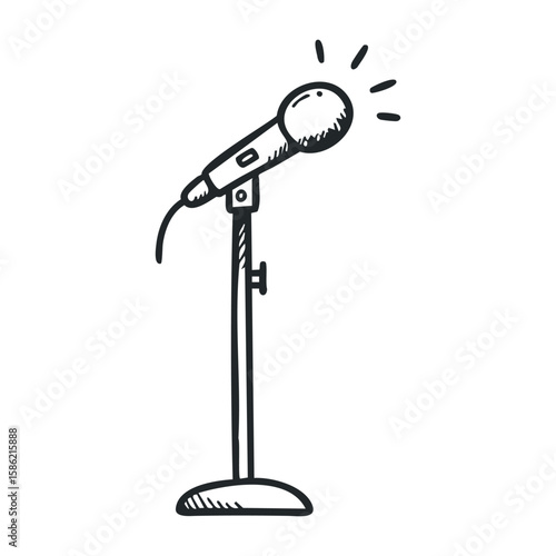 Hand-drawn sketch of microphone on stand with sound lines for music and performance themes. Hand drawn vector illustration
