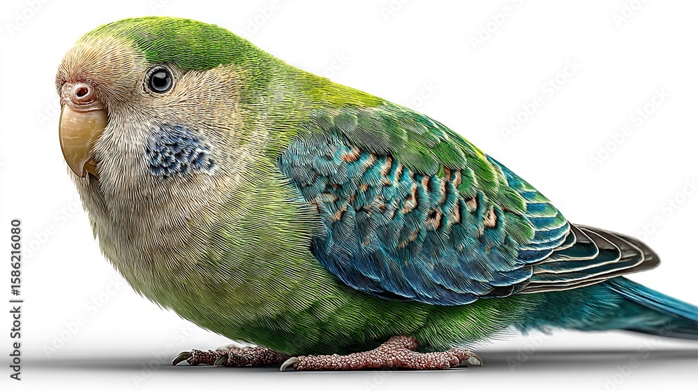Obraz premium Close-up of green and blue bird on white background