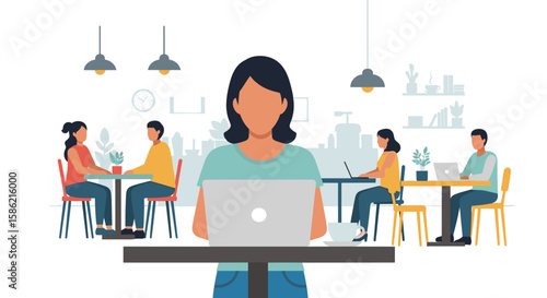 A woman works on her laptop in a modern cafe, surrounded by other people engaged in various activities, illustrating a dynamic co-working environment.