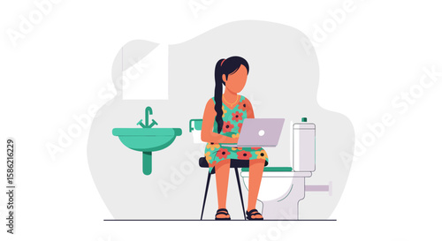 A young woman sits on the toilet with her laptop, working from home in an unconventional space, showcasing the modern lifestyle and remote work challenges.