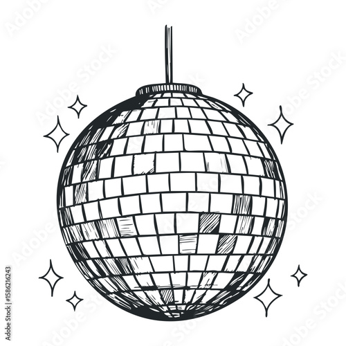 Hand-drawn disco ball with sparkles. Hand drawn vector illustration