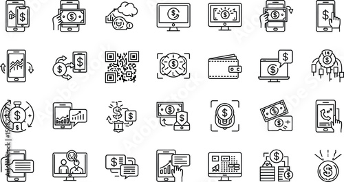 Vector art of a series of line art icons depicts various aspects of mobile finance and online banking transactions on a white background