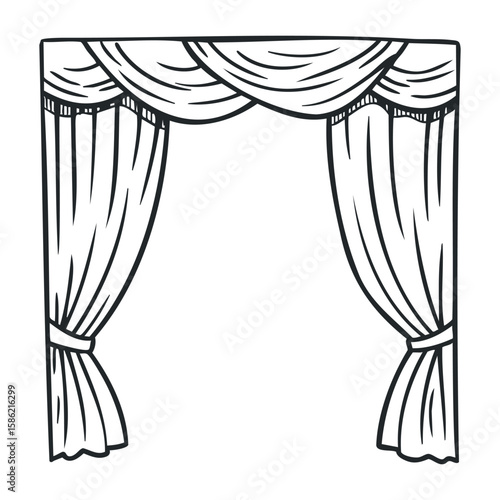 Elegant theater curtains black and white outline sketch with drapery details. Hand drawn vector illustration