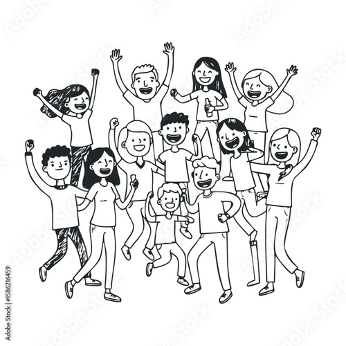 Diverse group of happy young caucasian and asian teens jumping with excitement. Hand drawn vector illustration