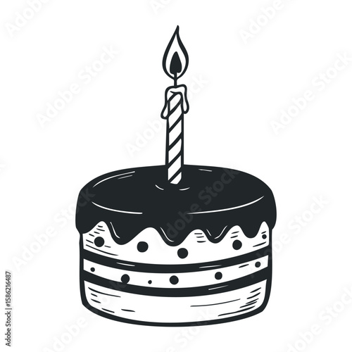 Black and white birthday cake with candle clipart. Hand drawn vector illustration