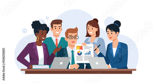 Diverse business team collaborates on project, reviewing documents and using laptops, showcasing teamwork and success in a modern office setting.