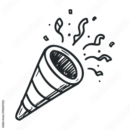 Hand-drawn party popper with confetti exploding in celebration. Hand drawn vector illustration