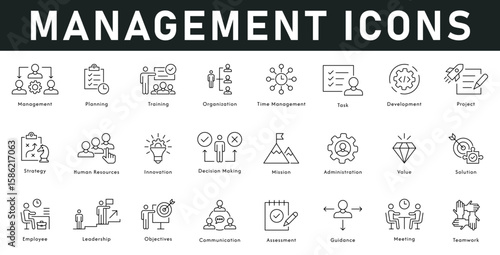 management Icons vector illustration with thin line editable stroke containing planning, training, task development, strategy, project, organization, HR, innovation, mission, value, solution, teamwork