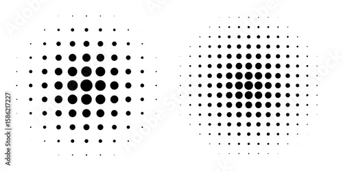 Set of halftone dots gradient pattern texture isolated on white background. Straight dotted spots using halftone circle dot raster texture. Vector blot half tone collection. eps10