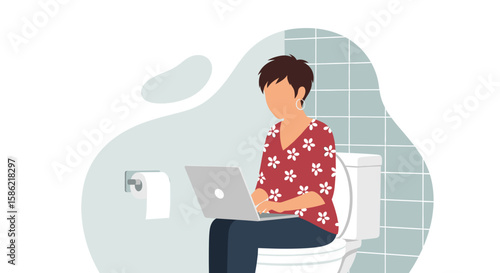 An illustration depicts a woman sitting on a toilet and working on her laptop in a bathroom, highlighting modern multitasking.