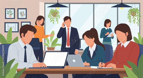 Diverse professionals collaborating in a bright, modern office setting, working on laptops and discussing projects to achieve business goals.