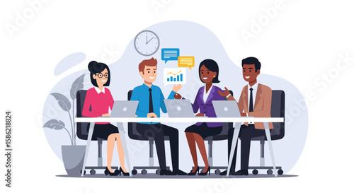 An illustration depicts a diverse team of professionals collaborating around a table, using laptops and exchanging ideas in a modern office setting.