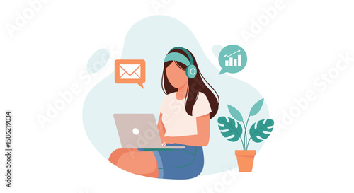 A young woman wearing headphones, sitting cross-legged, working on a laptop, with email and business icons, symbolizing remote work and productivity in a modern, flat-style illustration.