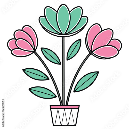 Three pink and teal flowers in a white pot floral plant