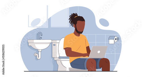 A focused Black man with dreadlocks multitasks by working on his laptop while sitting on a toilet in a modern bathroom, illustrating remote work convenience.