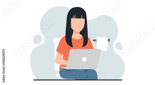 Creative illustration of a woman engrossed in her laptop while seated on a toilet, highlighting modern multitasking habits and digital connectivity.
