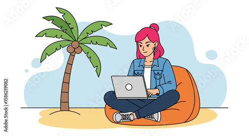 A young woman with pink hair is working on her laptop while sitting in a beanbag chair on a tropical beach near a palm tree, embodying digital nomadism.
