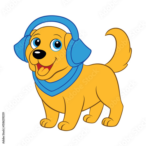 Yellow cartoon dog wearing blue headphones and scarf