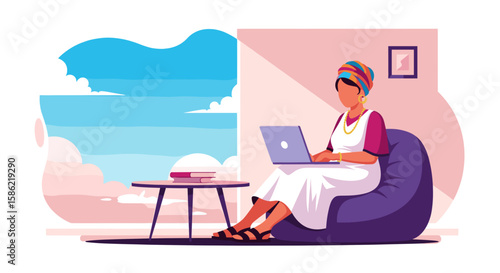 An illustration depicts a woman in a headscarf working on a laptop while seated on a beanbag chair, with a scenic view outside the window, in a colorful and bright environment.