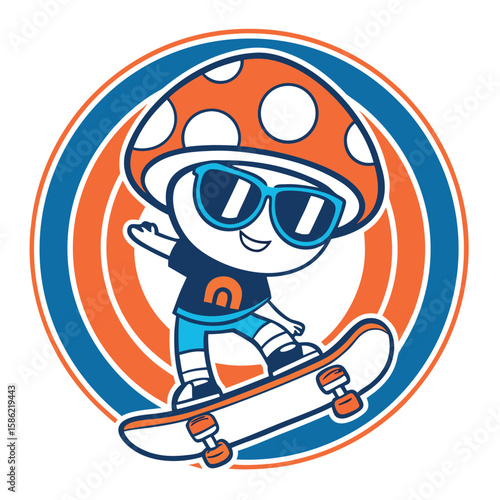 Cartoon mushroom character riding a skateboard skateboarding