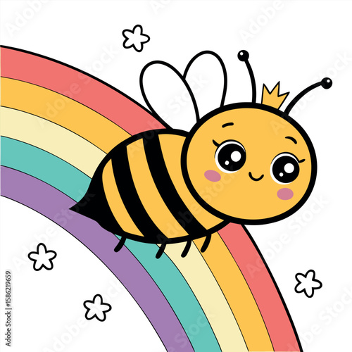 Cute bee with crown flying over rainbow insect animal