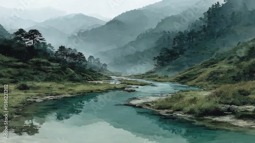   A river painting between mountains, surrounded by trees and greenery on either side