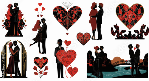 Romantic couples silhouettes with hearts and romantic background.