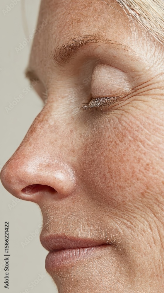Obraz premium Mature woman's profile revealing weathered skin, soft wrinkles, natural freckles, embodying graceful aging and authentic beauty