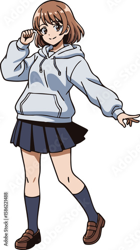 快活な女子高生：パーカー制服スタイル、アニメ風フラットデザインイラスト