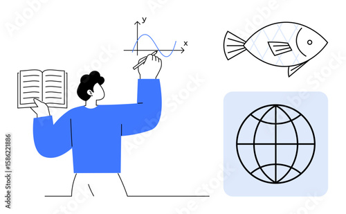 Person reading book and analyzing graph, fish as biodiversity focus, globe representing global connection. Ideal for education, science, research, environment, sustainability, learning global
