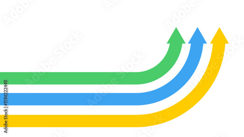 Three horizontal arrows in green, blue, and yellow curve upward in parallel on a white background