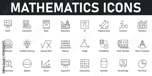 Mathematics Icons vector illustration with thin line editable stroke containing calculator, geometry, statistics, function, angle, chart, dimensions, percentage, book, probability, square root, abacus