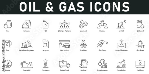 Oil and Gas Icons vector illustration with thin line editable stroke containing refinery, lubricant, pipeline, barrel, fuel, petroleum, gas station, gas pump, natural reservoir, gauge, engine oil