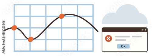 Line graph with fluctuating curve highlights data patterns near a red error alert popup and cloud. Ideal for analytics, error analysis, statistics, cloud computing, technology, troubleshooting