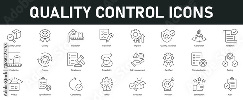 Quality Control Icons vector illustration with thin line editable stroke contains inspection, improve, validation, production, process, compliance, testing, audit, certified, specification, precision