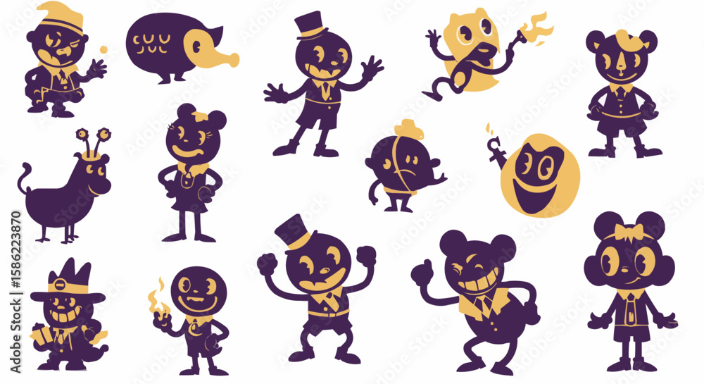 Obraz premium A whimsical collection of cartoon characters with various outfits and expressions.