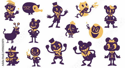 A whimsical collection of cartoon characters with various outfits and expressions.
