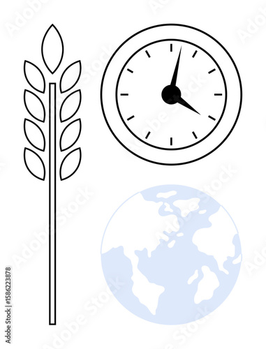 Clock, wheat stalk, and globe symbolizing time, agriculture, and global impact. Ideal for sustainability, ecology, time management, food security climate change renewable resources global