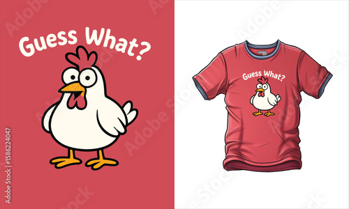 "Guess What?" chicken T-shirt design. Funny cartoon farm animal character with a joke quote.  graphic vector t-shirt design print for kids apparel, print-on-demand, and novelty merchandise.
