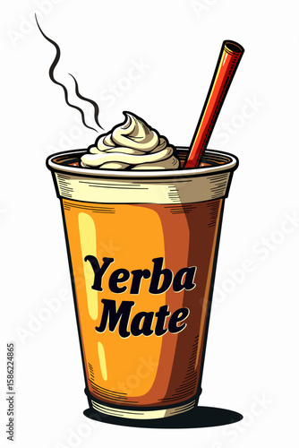Yerba mate drink illustration, refreshing beverage, colorful design, whipped cream topping, copy space