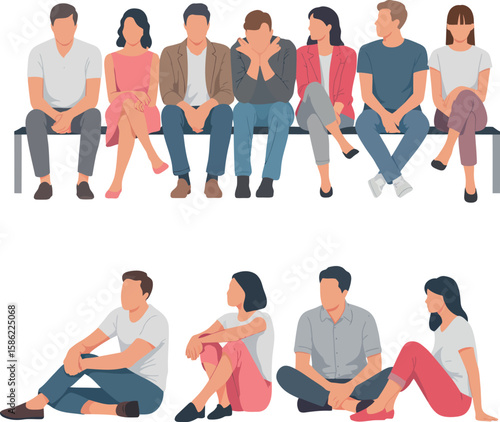 Men and a women sitting on a bench, different colors, cartoon character, group silhouettes of business people, students, the design concept of flat icon on white background